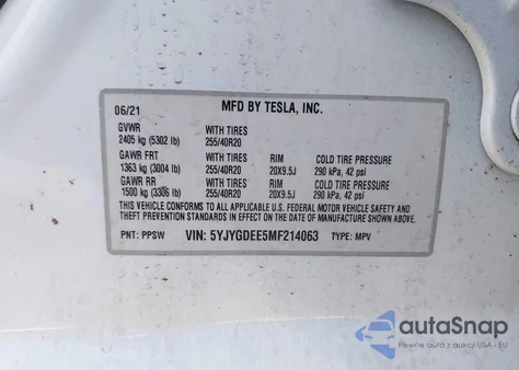 2021 Tesla Model Y Long Range Dual Motor All-Wheel Drive from USA, damaged, VIN 5YJYGDEE5MF214063